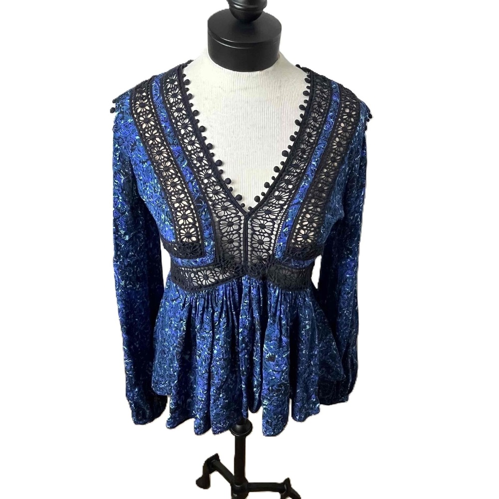 Rebecca Taylor Boho Silk Peplum Blouse Women 4 Blue Lace